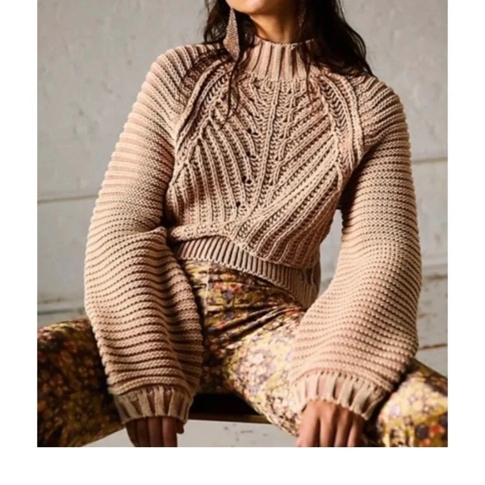 Free People On A Boat Sweater XS Pink Cotton Chunky Knit Mock Neck